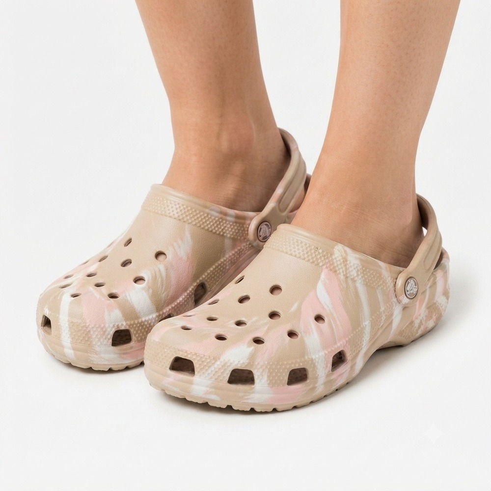 Crocs Classic Marbled Clogs Tan Pink White Swirl Women 8 Men 6 Slip On Shoes